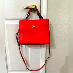 Tory Burch Kira Italian leather Small Cross-Body Tote Shoulder Bag (Poppy Red).